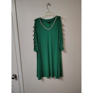JBS Green Rhinestone V-Neck Cold Shoulder Long Sleeve Shift Dress Womens Medium